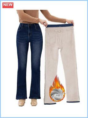 Fleece Lined Bootcut Jeans High Waisted Thermal Denim Winter Pants